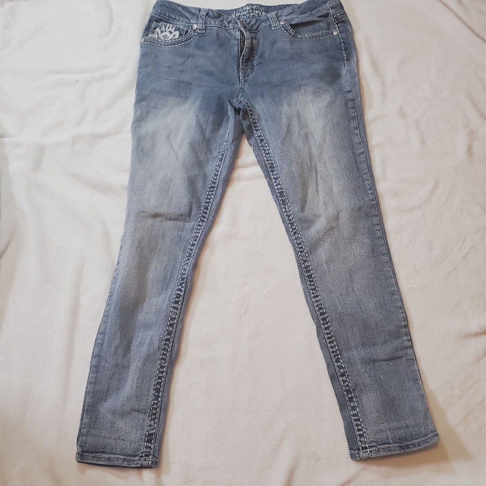 Paisley Sky Y2k Thick Stitch Embellished Pocket Jeans Skinny 37x29 Size 16 - Picture 1 of 4
